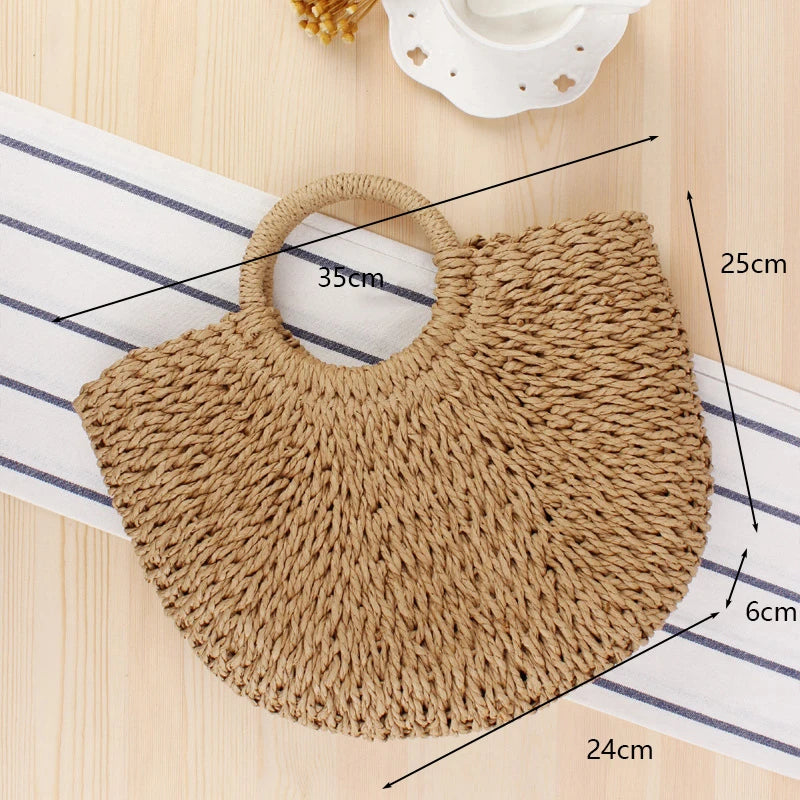 Summer Handmade Straw Bag for Women Beach Tote Moon Shaped - Smarsty