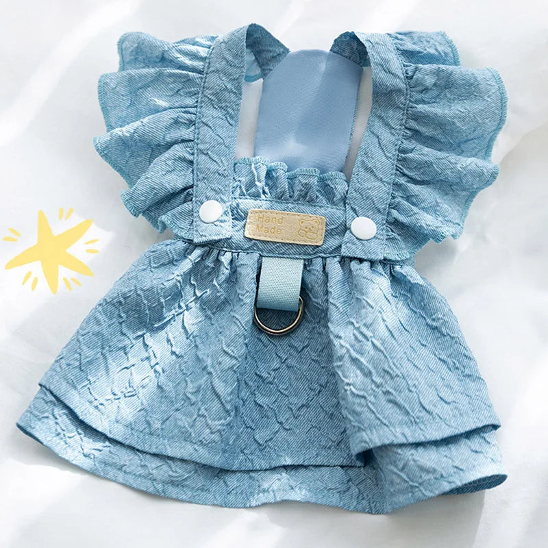 Denim Dog Dress for Small Dogs with Leash Ring - Smarsty