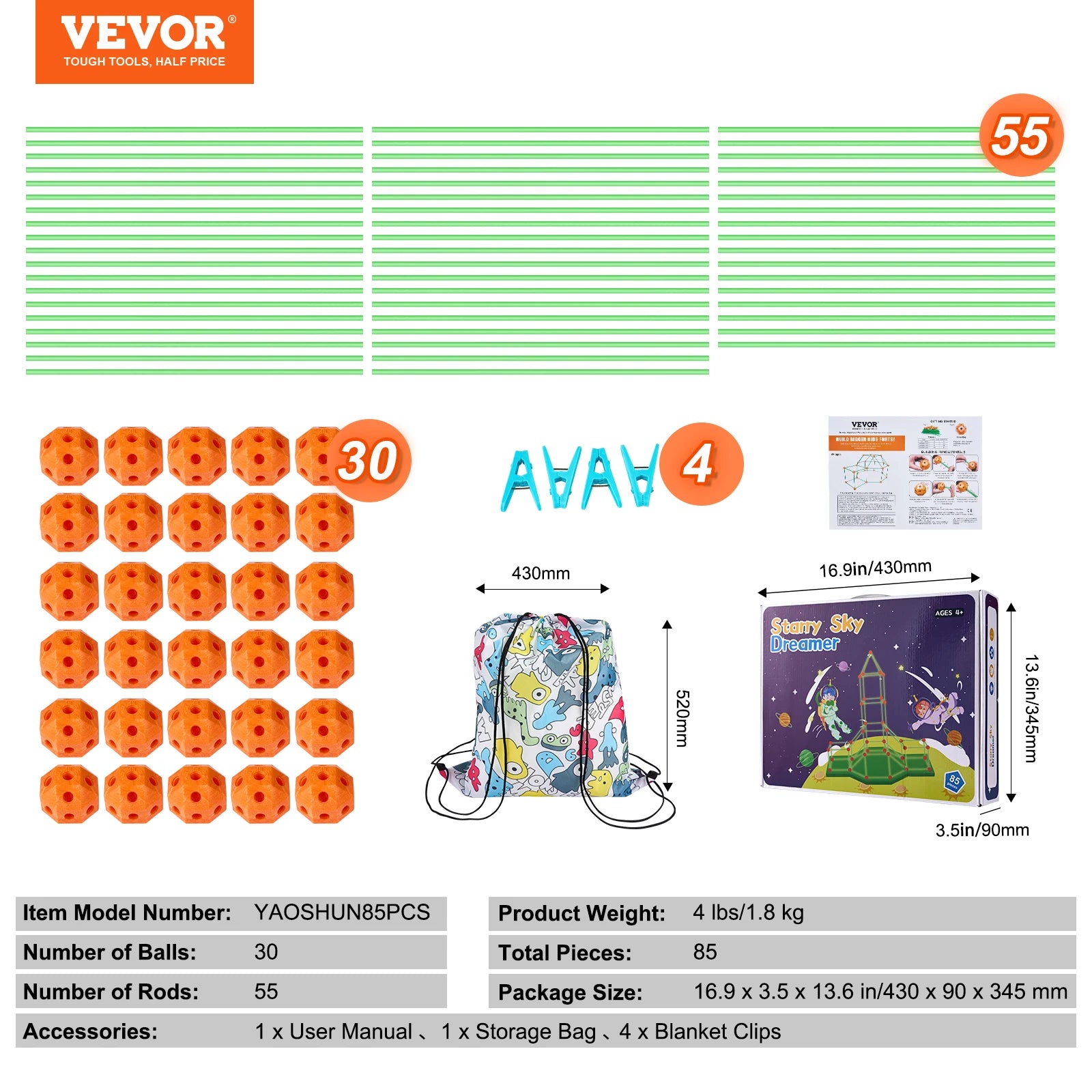 SucceBuy Fort Building Kit Construction Castle Tunnels Toys with 55 Rods 30 Balls Indoor Play Tent for Educational Gift Blocks