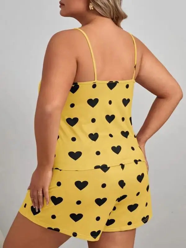 Plus Size Heart Print Women Pajama Set Sleeveless O Neck Crop Top & Elastic Waist Shorts 2 Pieces Female Sleepwear Nightwear - Smarsty