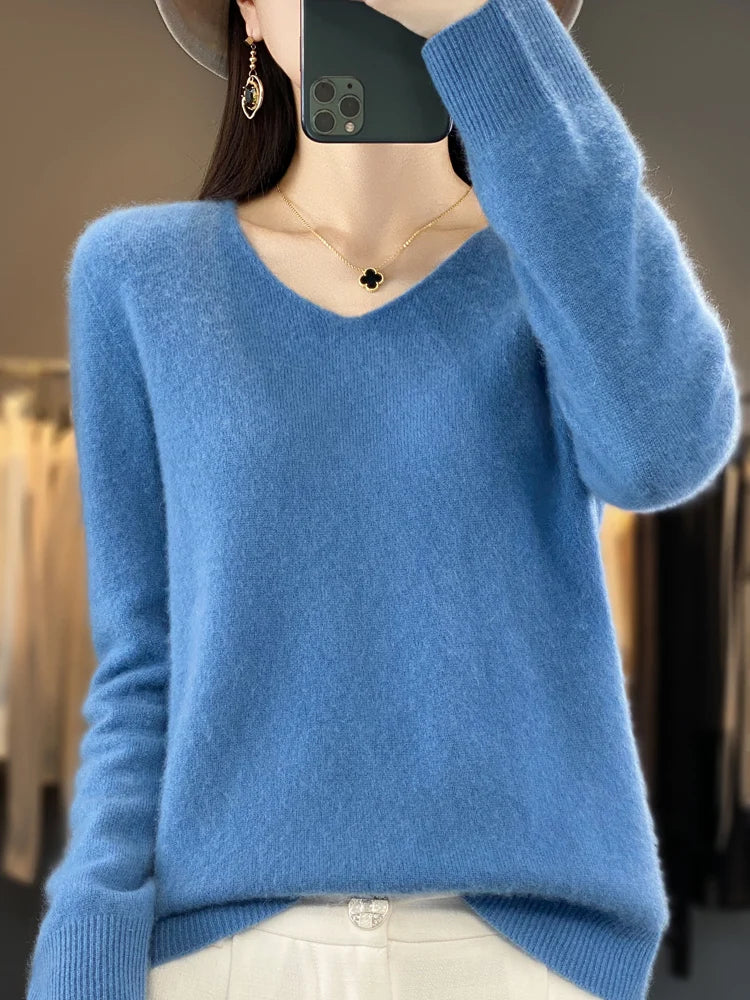 Fashion100% Merino Wool Sweater Cashmere Pullover Women Knitwear V-Neck Long Sleeve Autumn Winter Fashion Basic Clothing Tops - Smarsty
