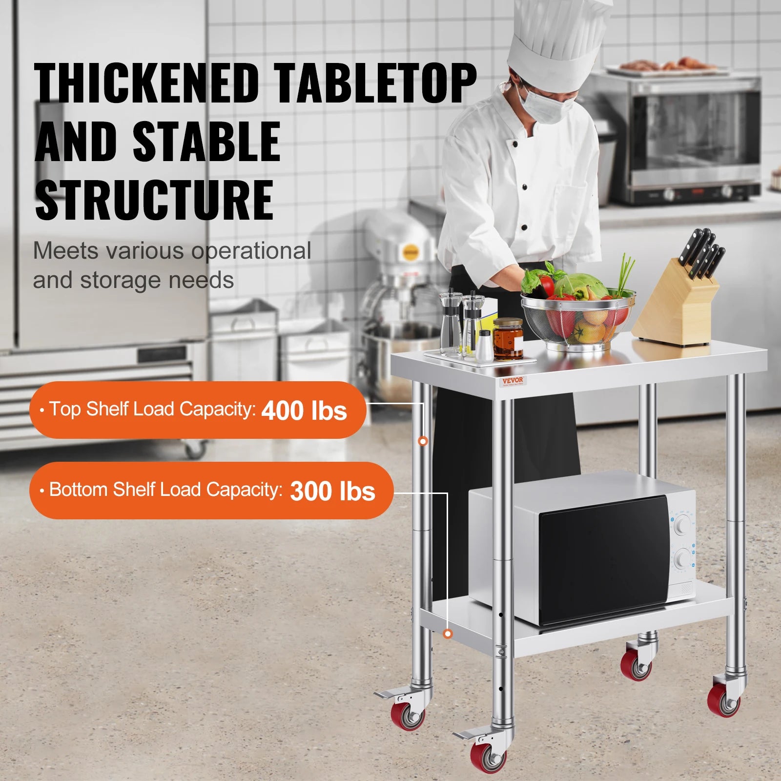 SucceBuy Stainless Steel Kitchen Worktable shelves Commercial Work Bench Table with Caster Wheels for Home Restaurant Storage