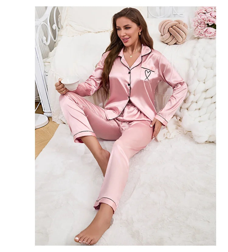 Autumn Satin Pajama for Women Heart-shaped Embroidery Sleepwear & Loungewear Long Sleeve Top & Pants Home Clothes Pyjama 2 Piece - Smarsty