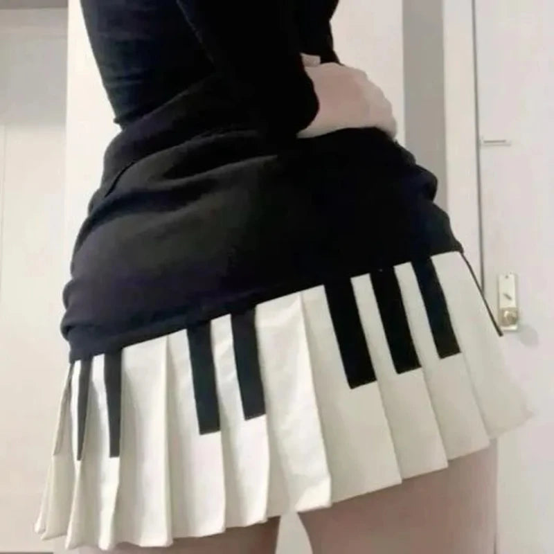 Spring Black White Spliced Women Short Skirt 2025 Y2k Slim Design Harajuku Mini Skirt Female Empire Korea Style Chic Piano Skirt - Smarsty