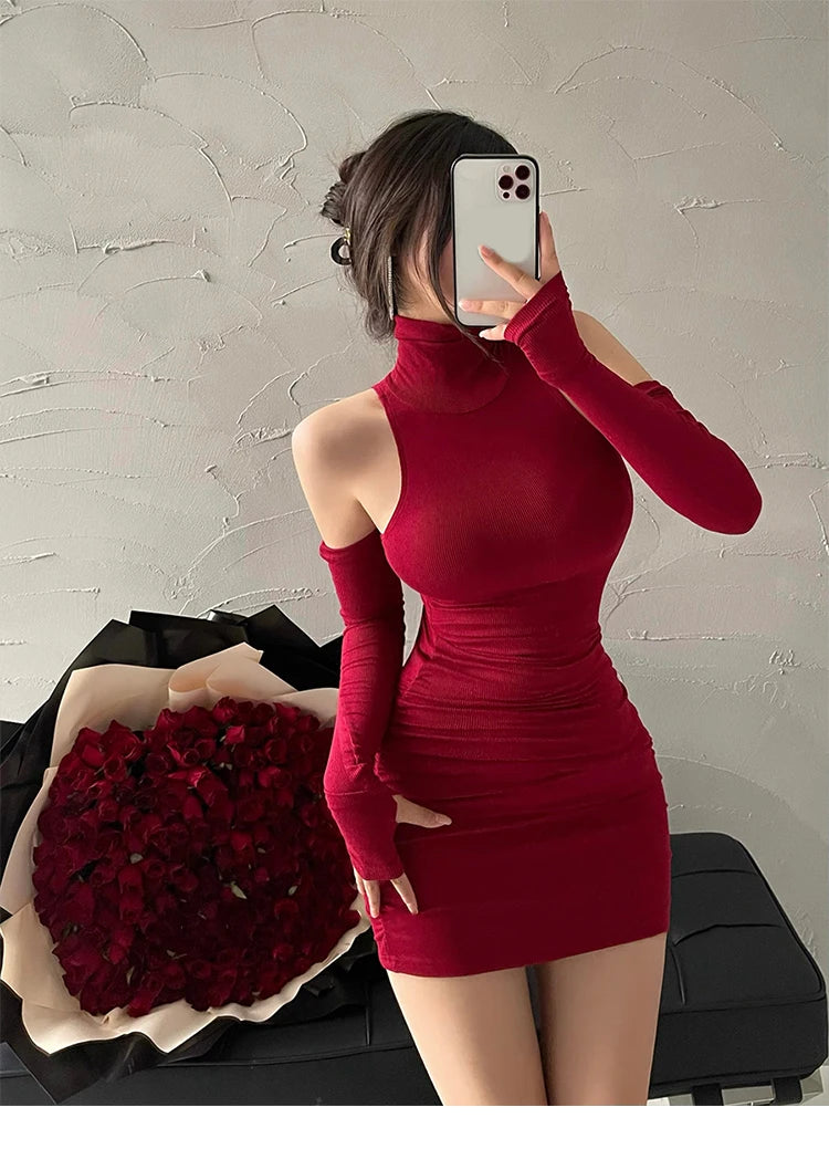 Summer Sexy High Neck Tight Dress Oversleeve Pleated Bottom Wrapped Hip Dress Women Bodycon - Smarsty