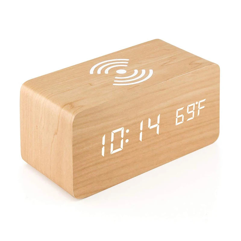 Wooden Digital Alarm Clock with Wireless Charging Feature - Smarsty