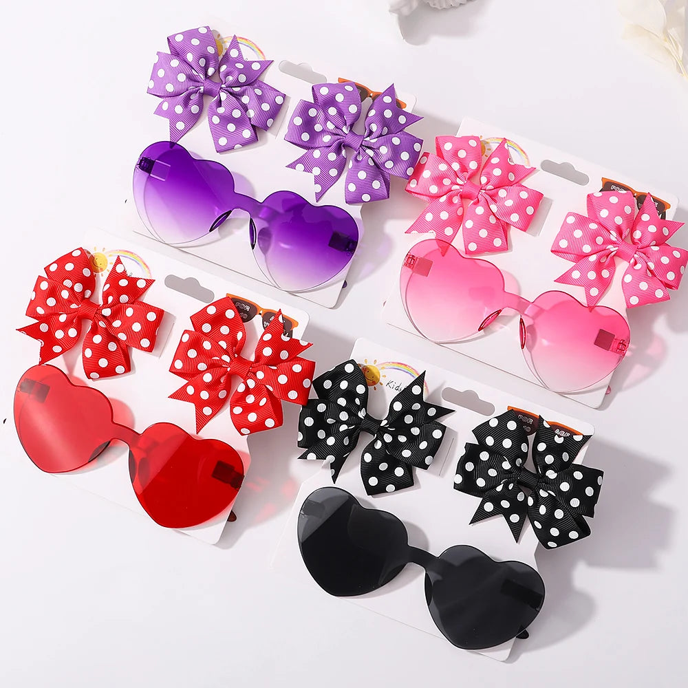 Colorful Heart Sunglasses and Dot Hairpin Set for Girls - Smarsty