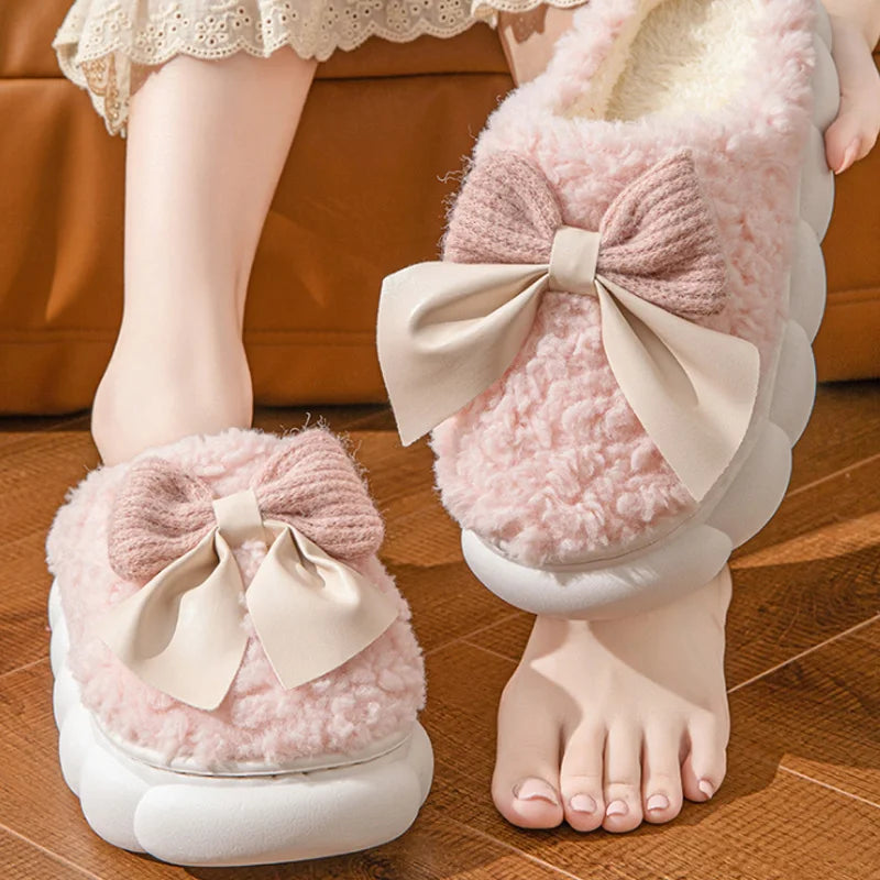 Winter Warm Fur Slippers for Women Cute bow House Non Slip Soft Shoes Comfort Flat Heel Home Indoor Bedroom Plush Slippers - Smarsty