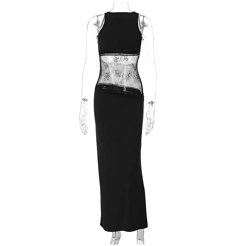 Elegant Lace Halter Dress Women Slim V-neck Backless Evening Long Dresses Woman Sleeveless Vintage Party Robe Lady Spring Summer - Smarsty