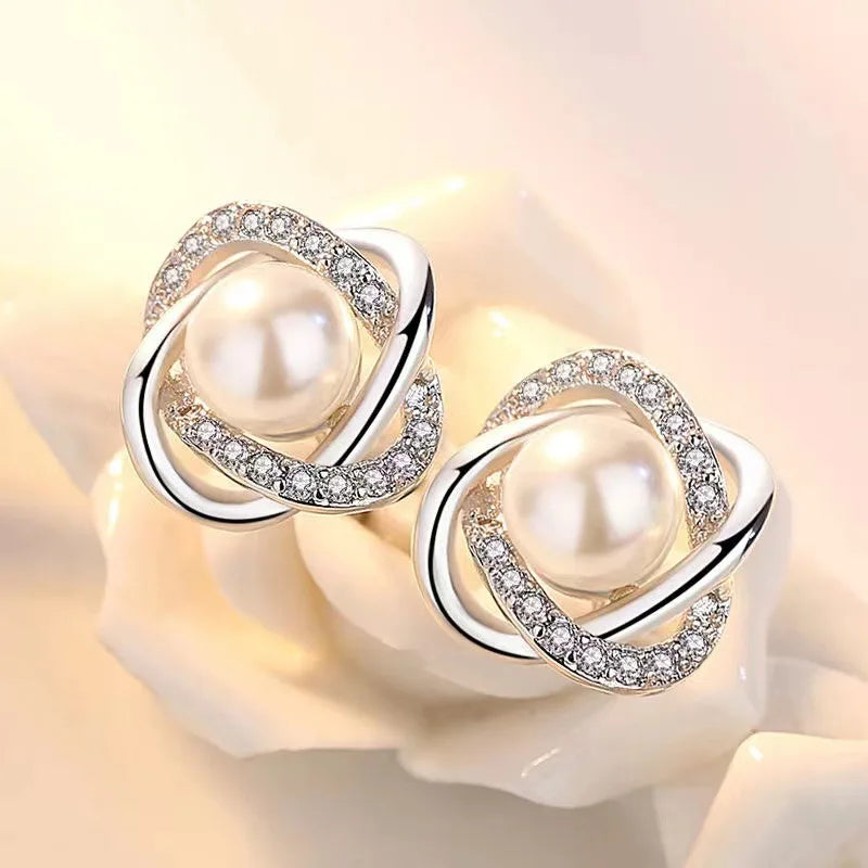 14K Gold Luxury Earrings With Zircon Pearl Twist Design - Smarsty