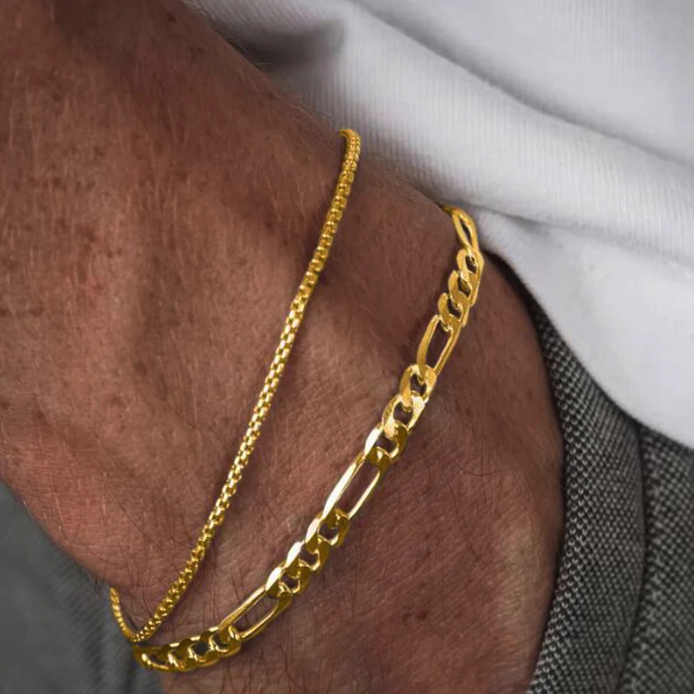 Mens Stainless Steel Chain Bracelets Set Gold Silver - Smarsty