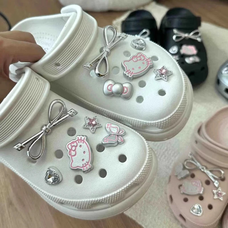 MINISO Hello Kitty Silvery Shoe Charms Set Cute Cartoon Plastics Decorations for Clogs & Sandals Perfect Gift for Boy Girl