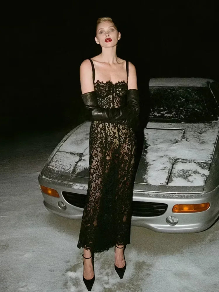 Sexy Spaghetti Strap Square Neck Lace Long Dress Women Black Floral Lace Sleeveless Bodycon Dresses Elegant Evening Celebrity