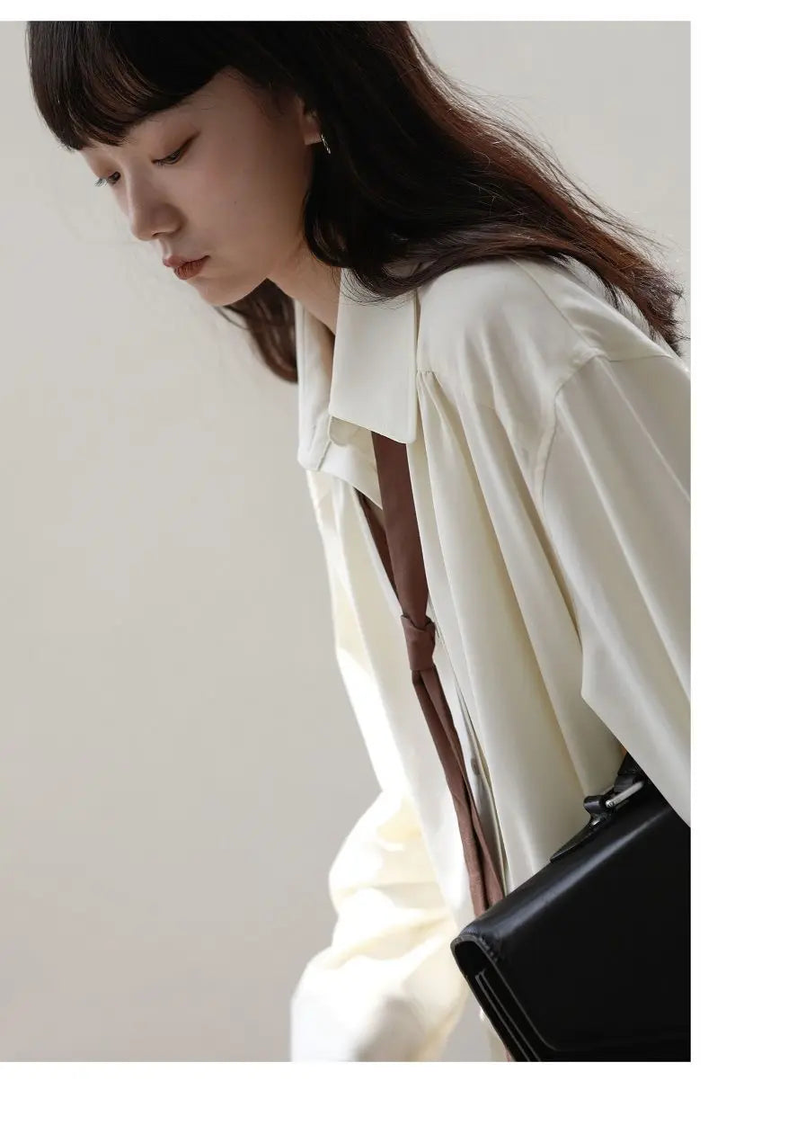 2025 Summer Minimalist Long Sleeve Button Up Shirt Women Korean Style Solid Tie Oversize Shirts Blouse Loose Clothes Autumn Tops - Smarsty
