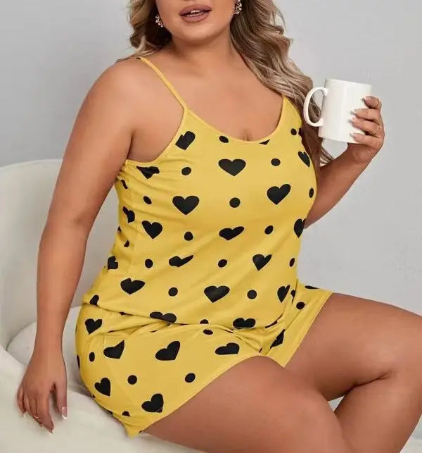 Plus Size Heart Print Women Pajama Set Sleeveless O Neck Crop Top & Elastic Waist Shorts 2 Pieces Female Sleepwear Nightwear - Smarsty
