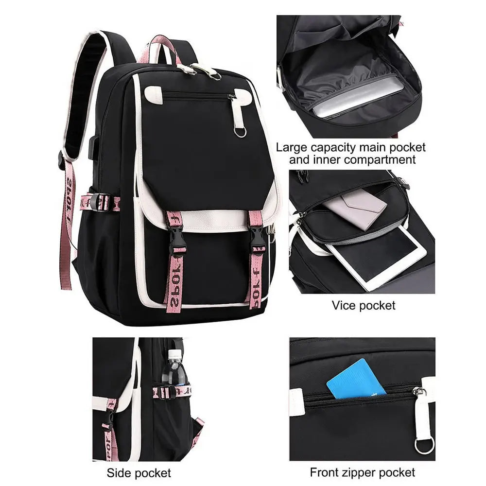Unisex Canvas Laptop Backpack With USB Charge Patchwork - Smarsty