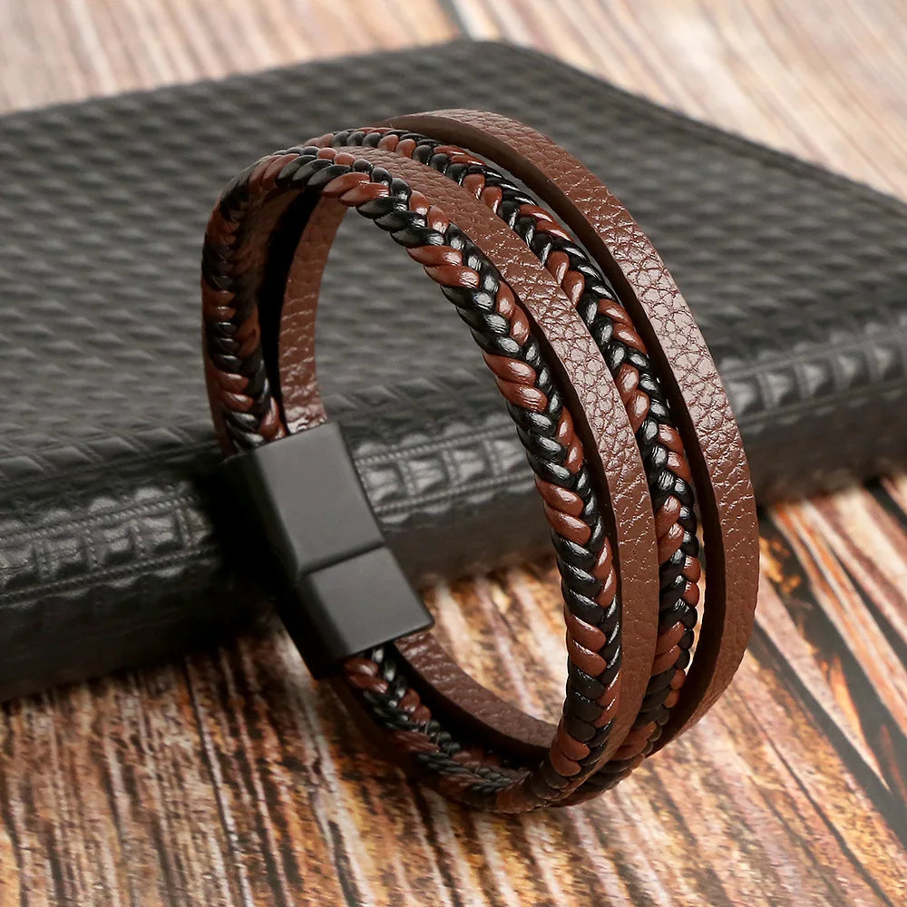 Men Leather Bracelet with Tiger Eye Beads Stylish Gift - Smarsty