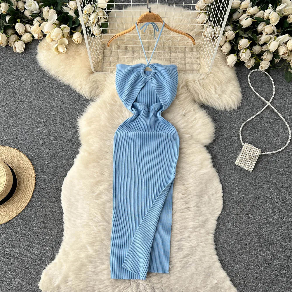 YuooMuoo Chic Fashion Sexy Package Hips Split Knitted Summer Dress 2025 Women Slim Elastic Bodycon Party Dress Streetwear Outfit - Smarsty