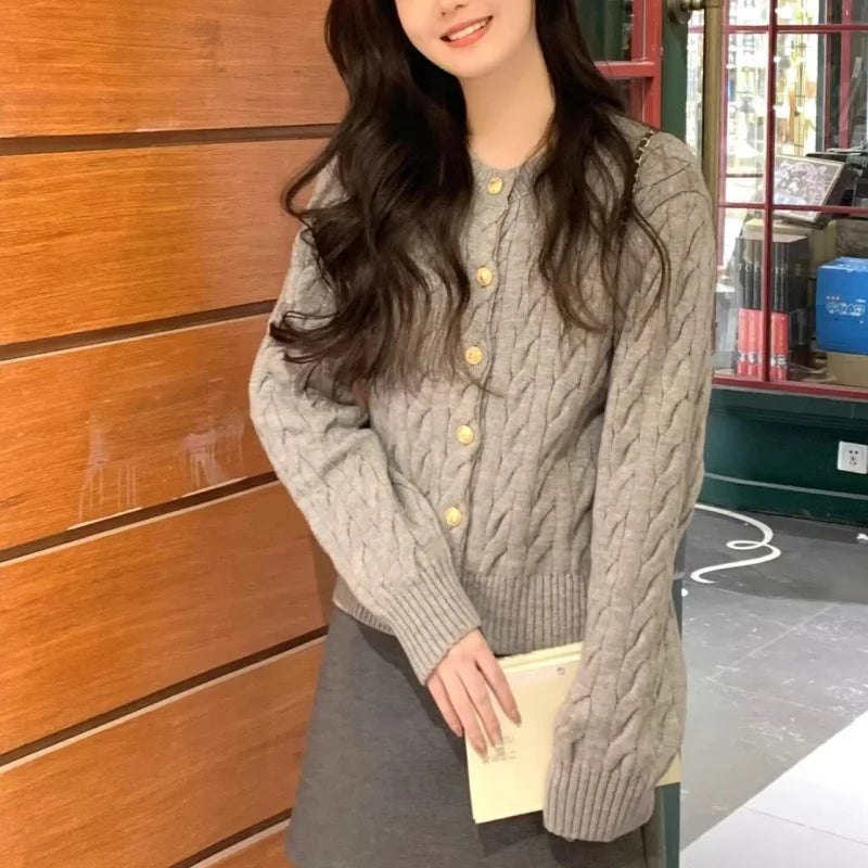 2024 Vintage Long Sleeve Cardigan Women Sweater O-neck Elegant Knitted Top Fashion Autumn Grey Knitwear - Smarsty