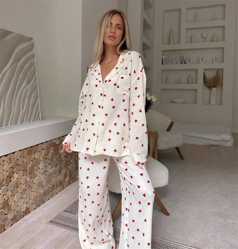 Summer New Love Heart Print Pyjama 100% Cotton Long Sleeve Set 2Pcs Outfit Lapel Sleepwear Button Down Women's Pajamas Nightwear - Smarsty