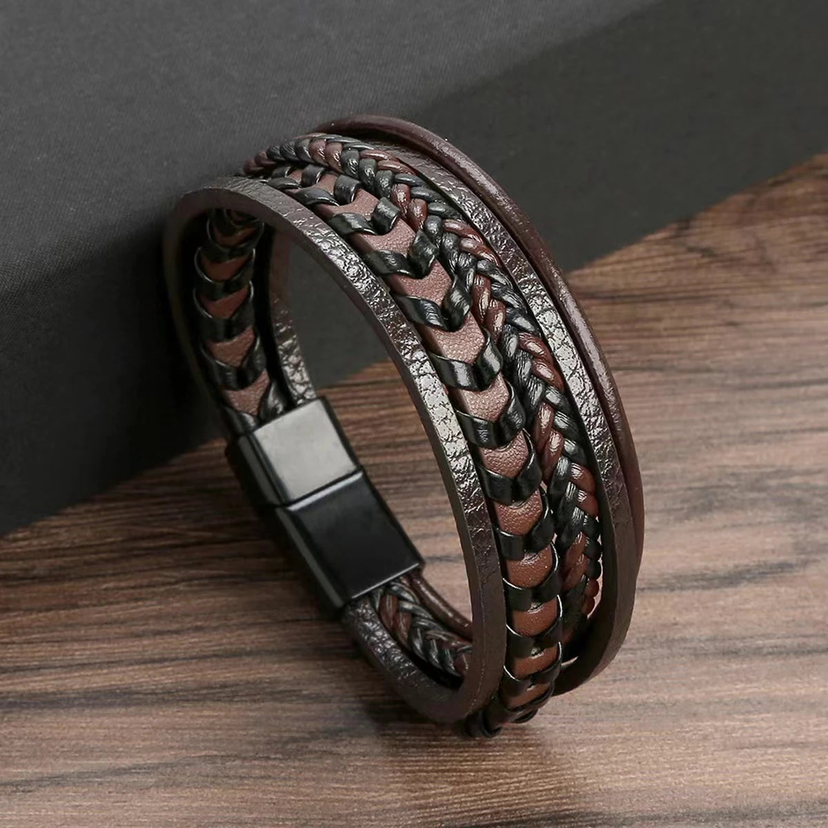 Mens Vintage Multi Layered Leather Bracelet Magnetic Buckle - Smarsty