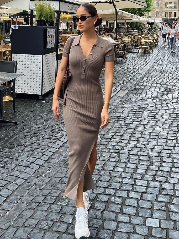 Kliou Elegant Office Lady Maxi Dress Women Solid Fashion Turn-down Collar Short Sleeve Button Side Slit Body-Shaping Street Robe - Smarsty