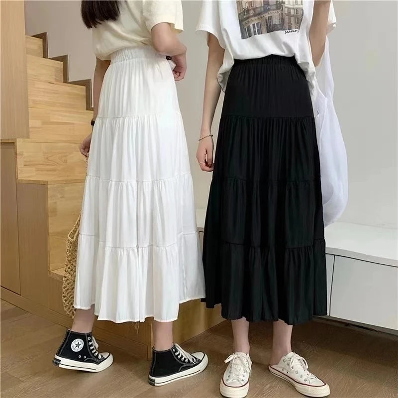 Spring Summer Women Skirts Vintage High Waist Elastic Patchwork White Black Chic Long Cake A-line Skirt - Smarsty