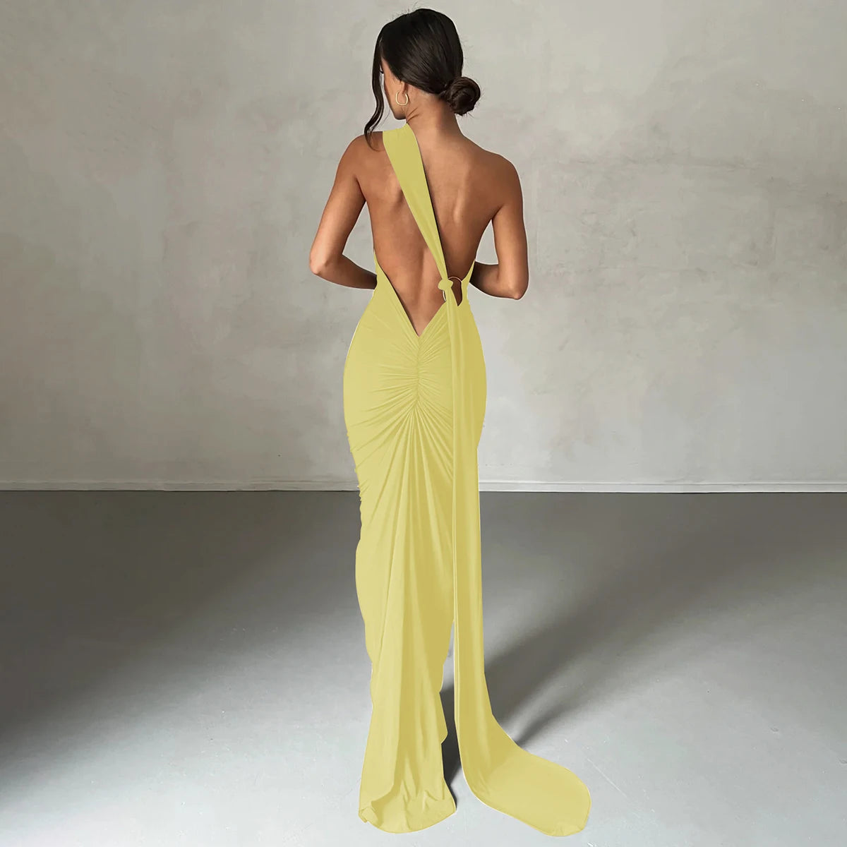 Hugcitar One Shoulder Backless Adjustable Scarf Loop Ruched Sexy Maxi Dress Women Elegant Y2K Streetwear Festival Outfit - Smarsty