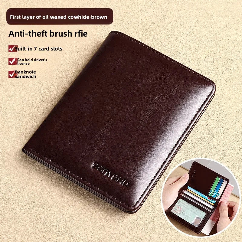Men Wallet Genuine Leather Rfid Blocking Trifold Wallet Vintage Thin Short Multi Function ID Credit Card Holder Male Purse Money