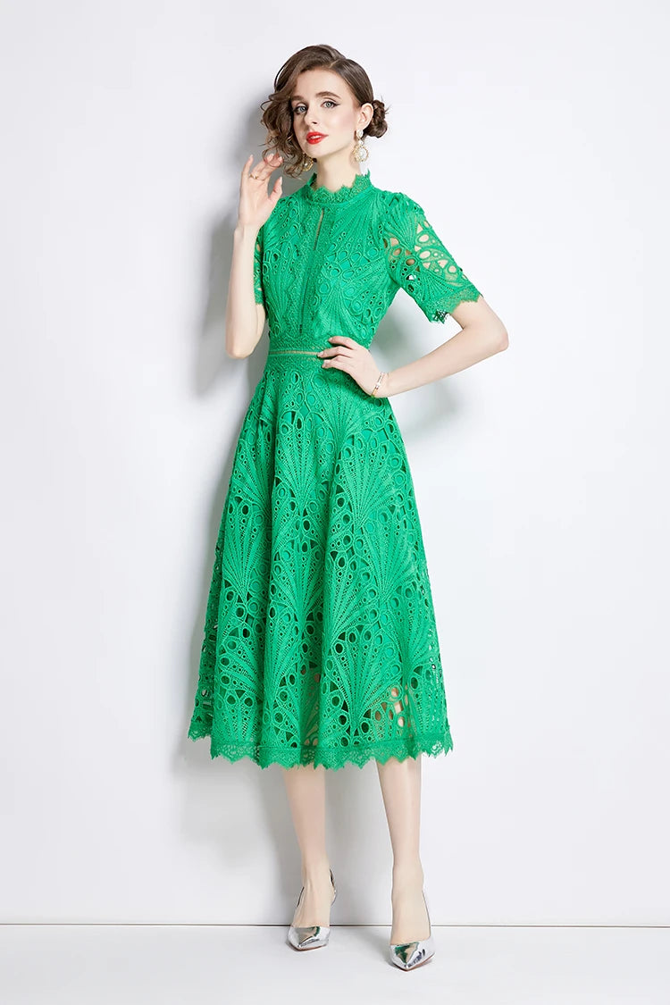 H Han Queen Spring New Elegant Casual Work Party Dresses Floral Crochet Hollow Out Lace Patchwork Casual Office Midi Dress - Smarsty