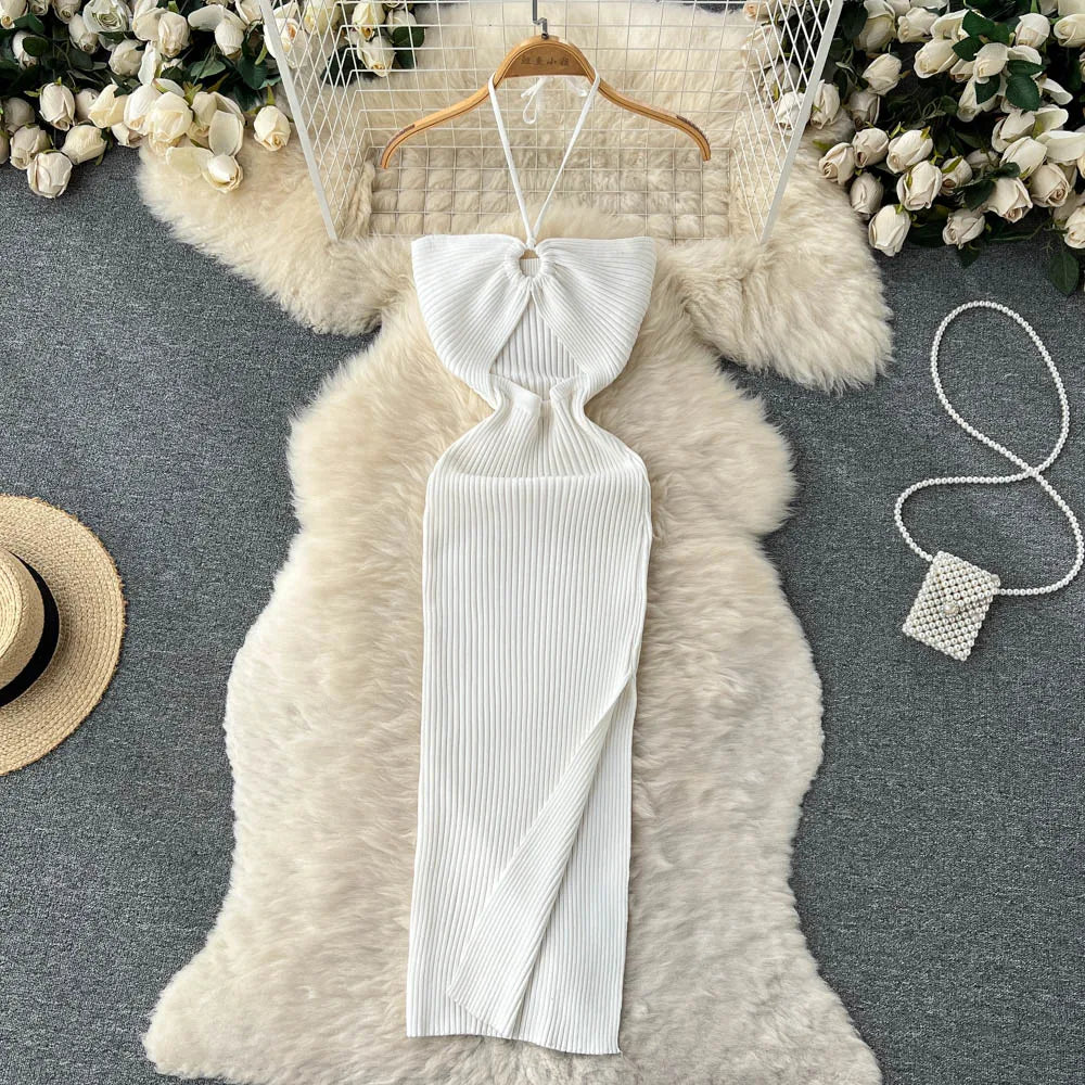 YuooMuoo Chic Fashion Sexy Package Hips Split Knitted Summer Dress 2025 Women Slim Elastic Bodycon Party Dress Streetwear Outfit - Smarsty