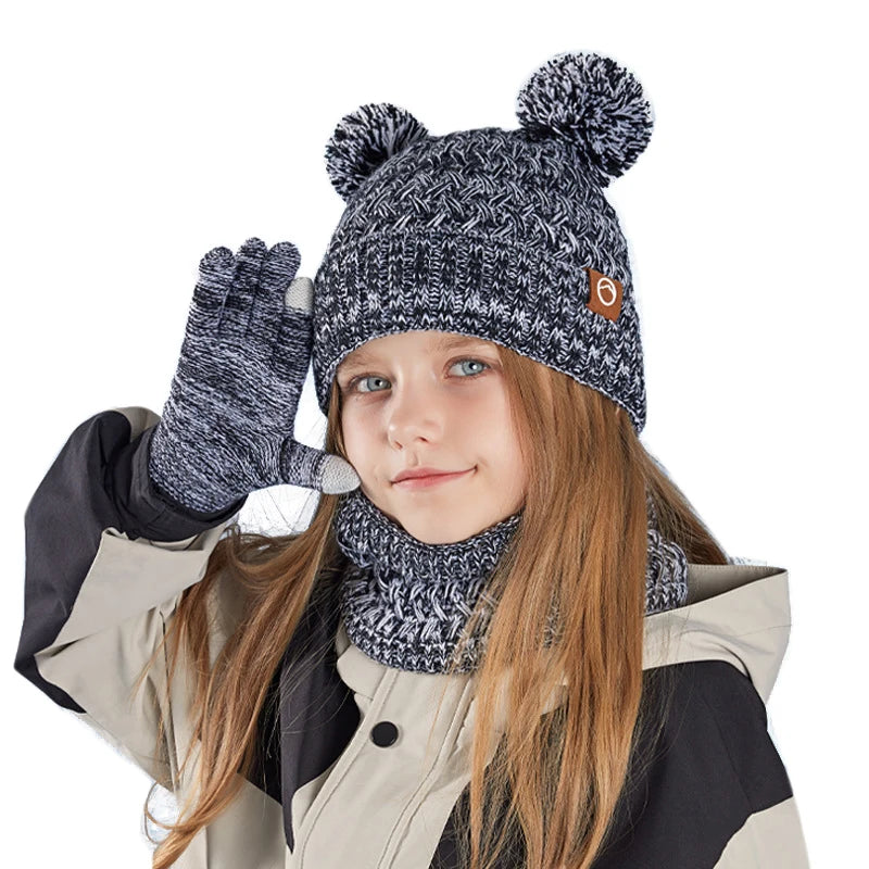 Winter Kids Hat Set Warm Beanie Scarf Gloves Pompom Fleece - Smarsty