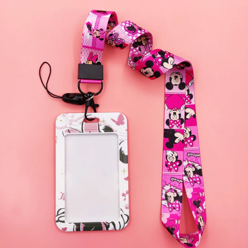 Disney Pink Lanyard ID Badge Holder Mickey Credit Card Case Neck Strap Minnie Card Holders Girl Credentials Accessories Keychain