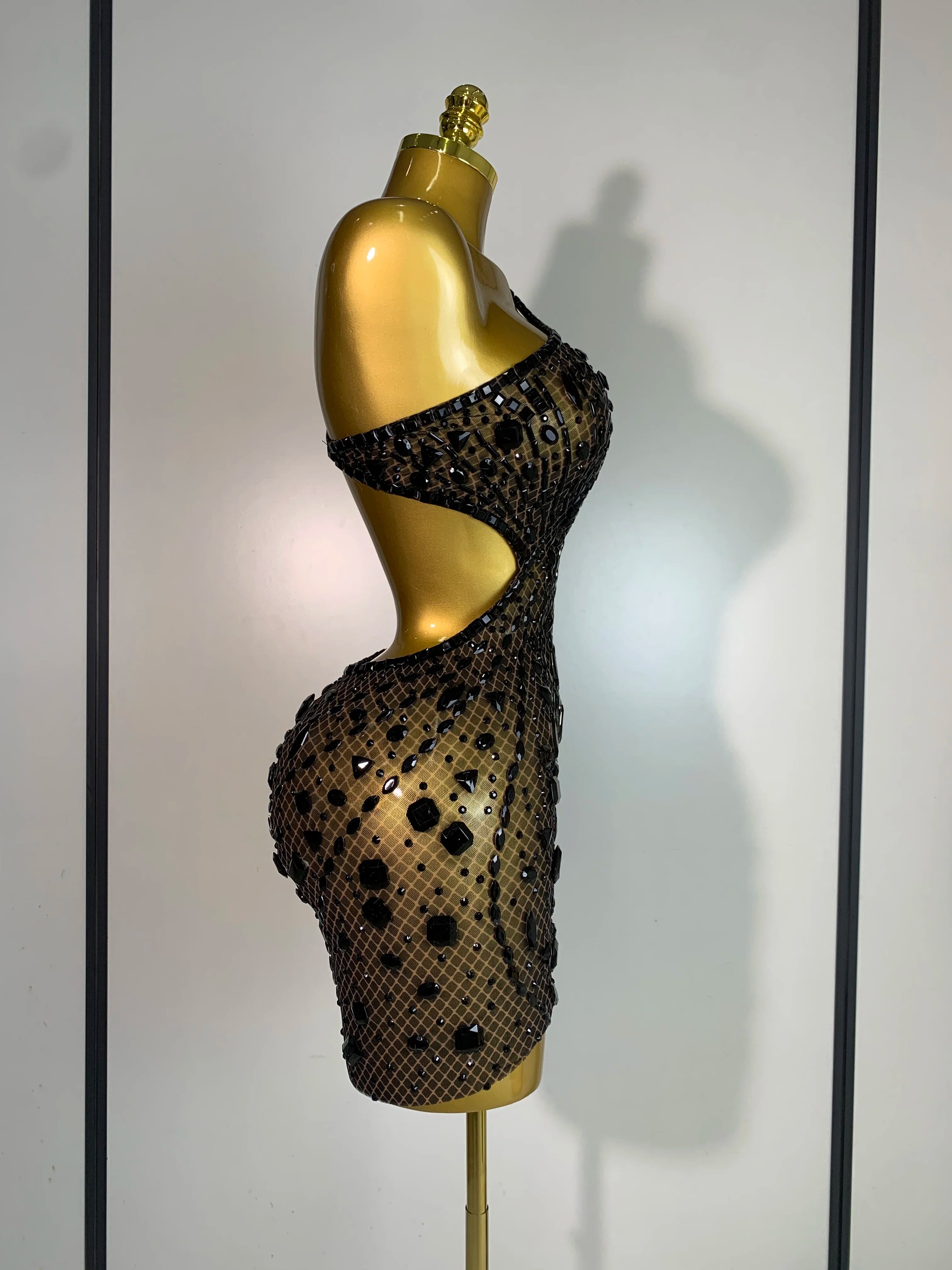 Sexy Sparkly Diamond Backless Short Dress 2025 Women Sleeveless Mesh See Through Evening Birthday Gown Singer Stage Outfit - Smarsty