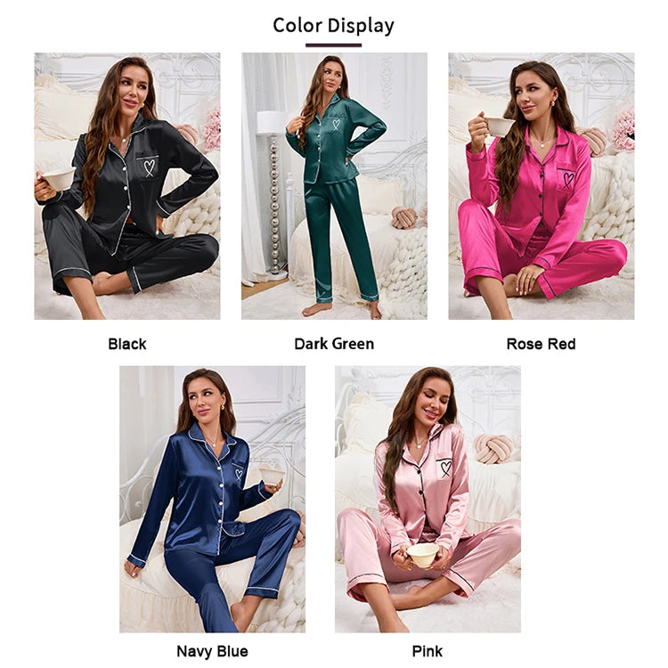 Autumn Satin Pajama for Women Heart-shaped Embroidery Sleepwear & Loungewear Long Sleeve Top & Pants Home Clothes Pyjama 2 Piece - Smarsty