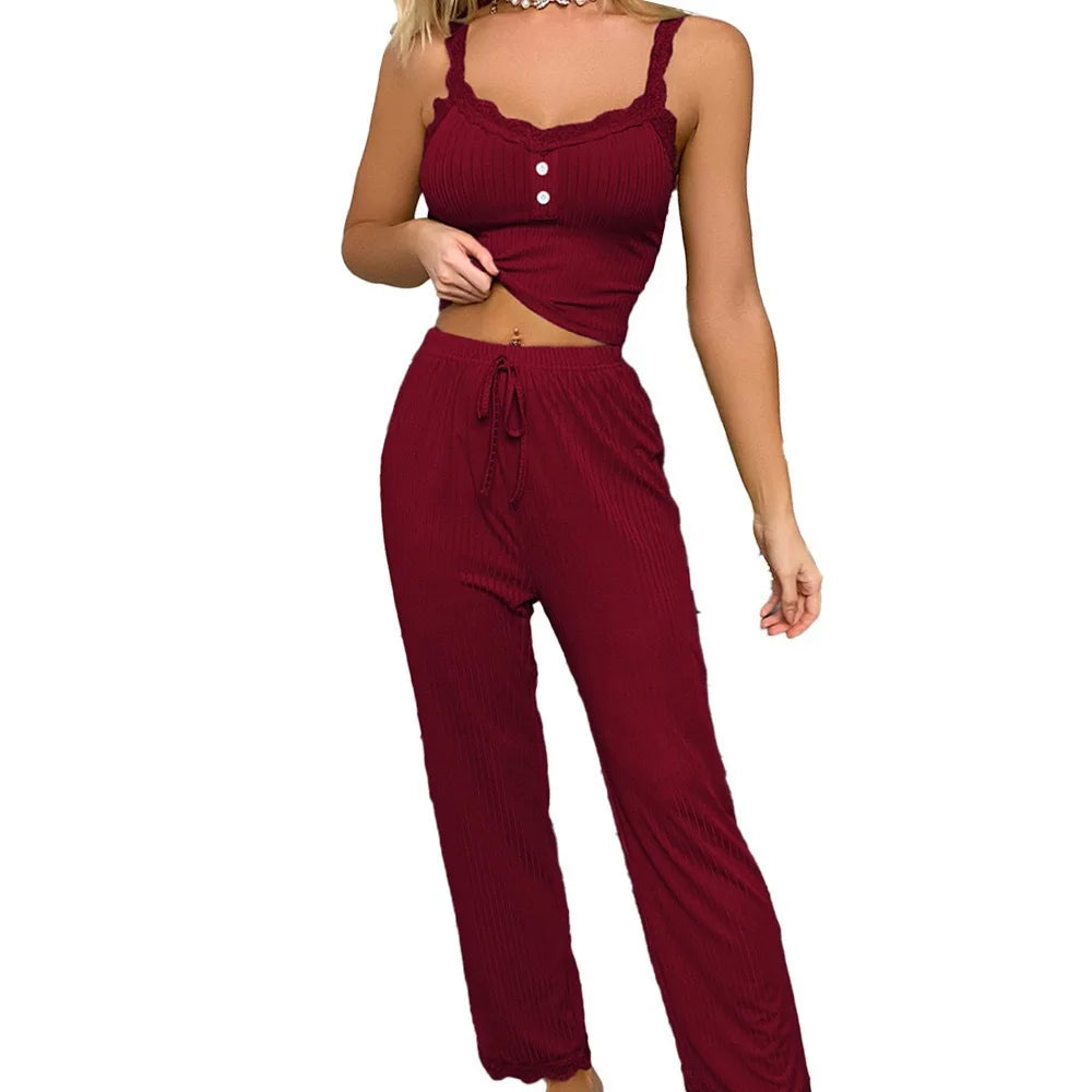 New Women's two-piece pajama set with solid color lace edging sexy slim fit suspender and pants soft and comfortable pajamas set - Smarsty