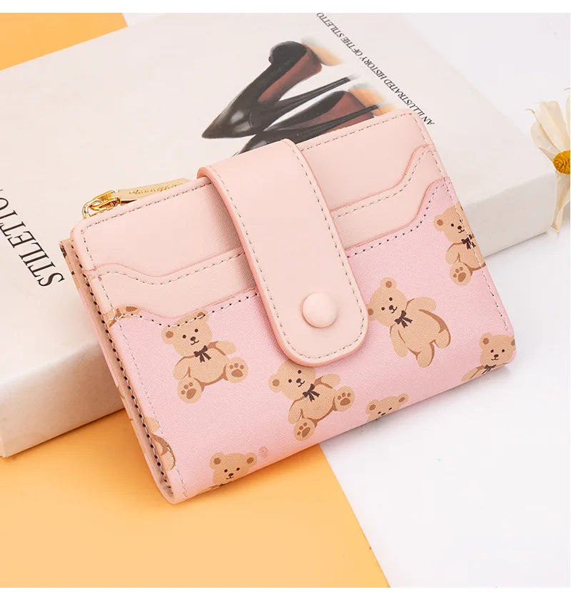 Women Short Wallets PU Leather Female Bifold Purses Cute Bear Card Holder Wallet for Girl Small Zipper Wallet with Coin Purse - Smarsty