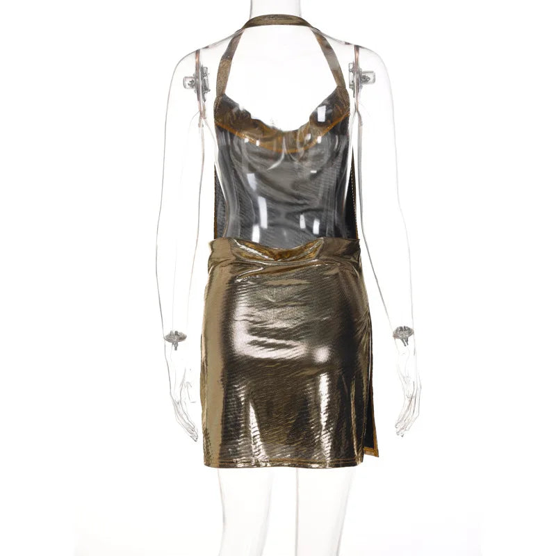 Sexy and Fashionable Women's Elegant Short Dress with Hanging Neck Backless Bottom Chest Sequin Party Girl Dance Dress - Smarsty