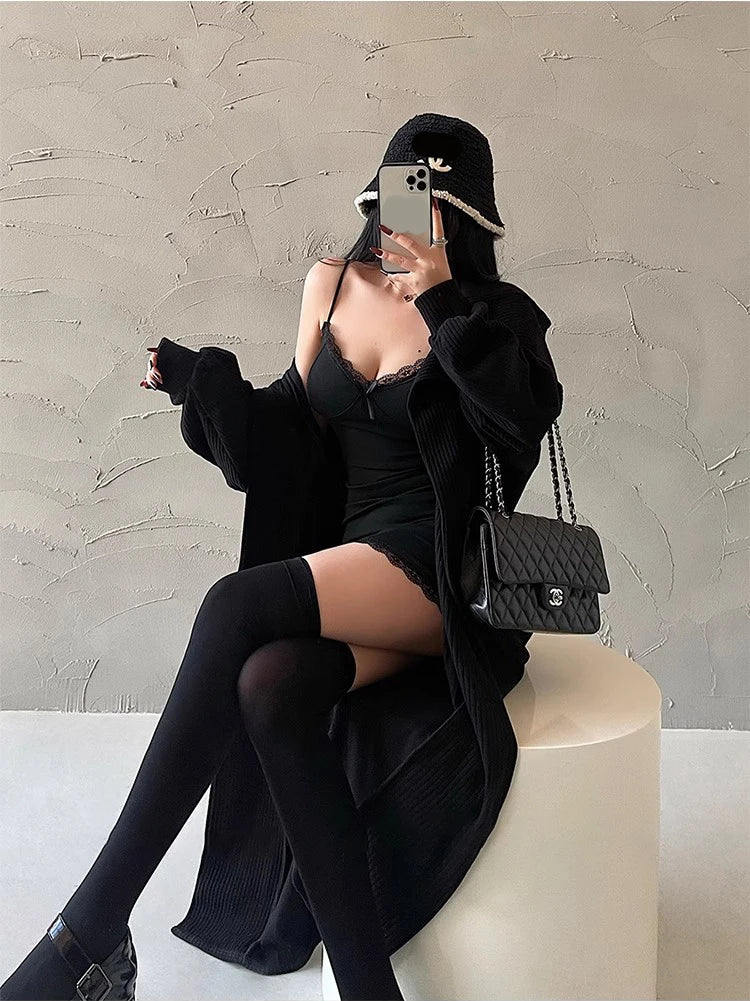 Y2K Retro Lace Patchwork Spaghetti Strap Black Bodycon Dress Mini Fashion Aesthetic Bow Club Party Sexy Dresses for Women - Smarsty