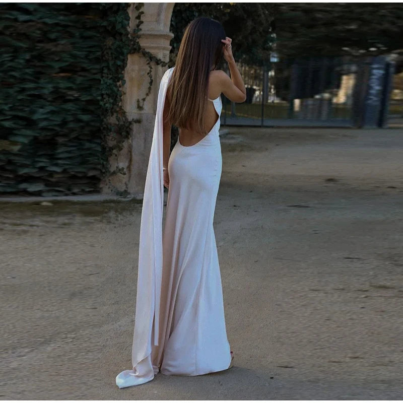 Elegant Solid Ribbon Women Halter Dress Off Shoulder Sleeveless Backless Slim Female Maxi Dresses 2025 Summer New Chic Lady Robe - Smarsty