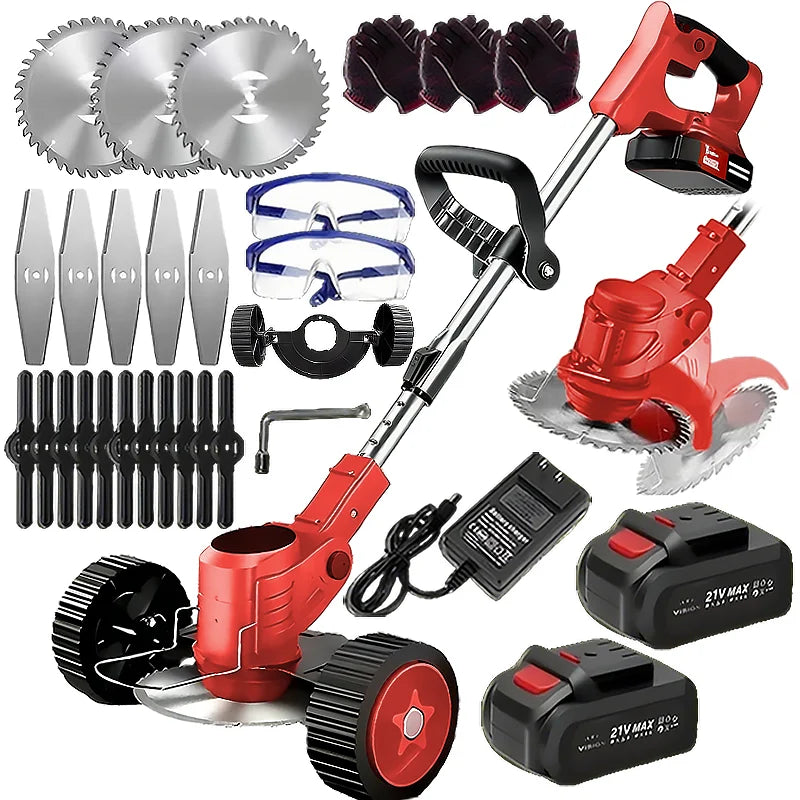 Wireless portable weed trimmer for lawn trimming. The trimmer is equipped with 2 lithium batteries and comes with replaceable bl