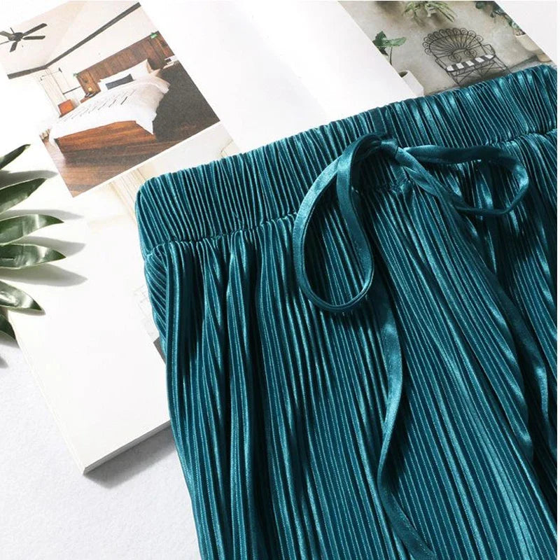 Women Fashion Summer Wide Leg Pants Pleated Ice Silk Trousers Elastic Waist Loose Casual Pants - Smarsty
