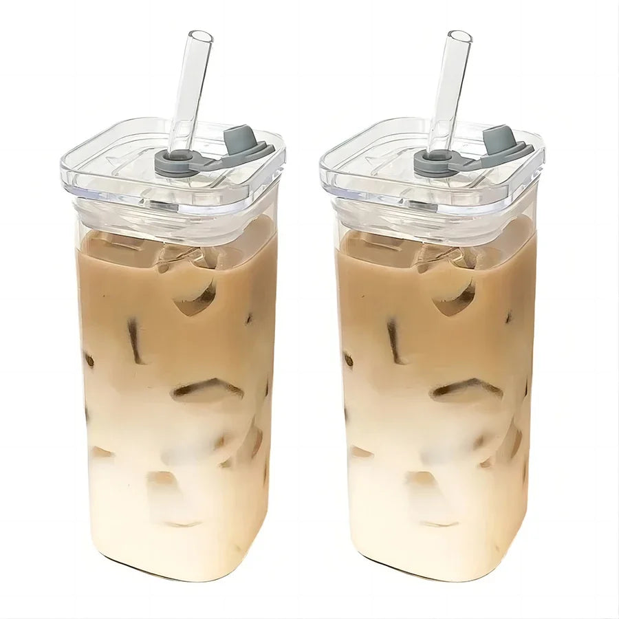 Square Heat Resistant Glass Cup With Lid And Straw - Smarsty