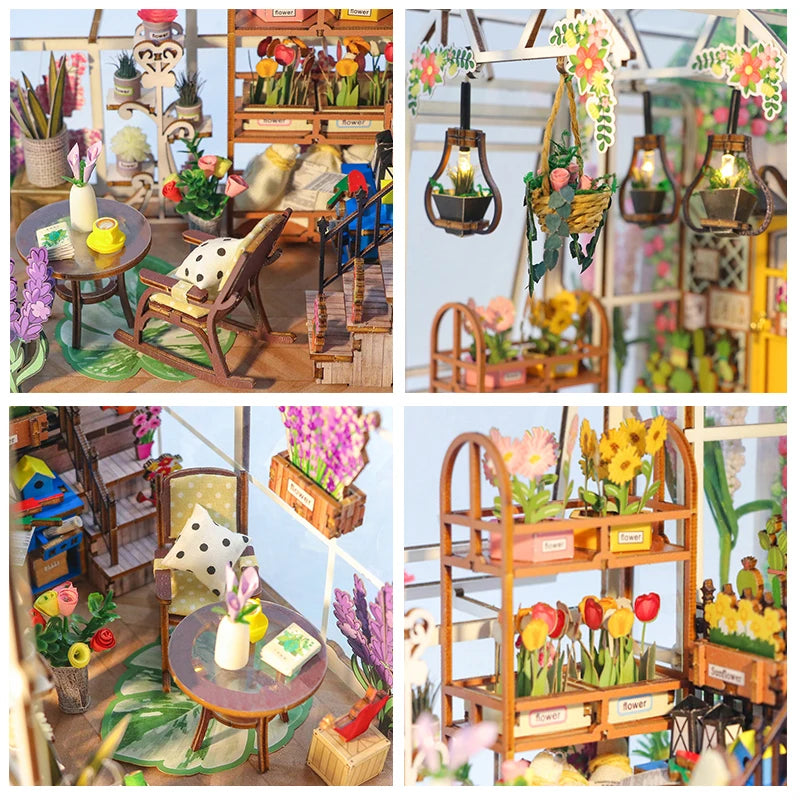 Wooden Flower Garden Doll House DIY Garden House Book Nook Shelf Insert 3D Puzzle Assembly Building Bookshelf With LED Lights