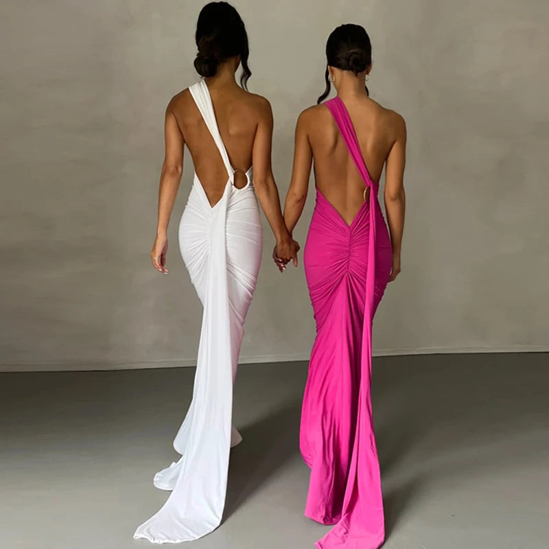 Hugcitar One Shoulder Backless Adjustable Scarf Loop Ruched Sexy Maxi Dress Women Elegant Y2K Streetwear Festival Outfit - Smarsty