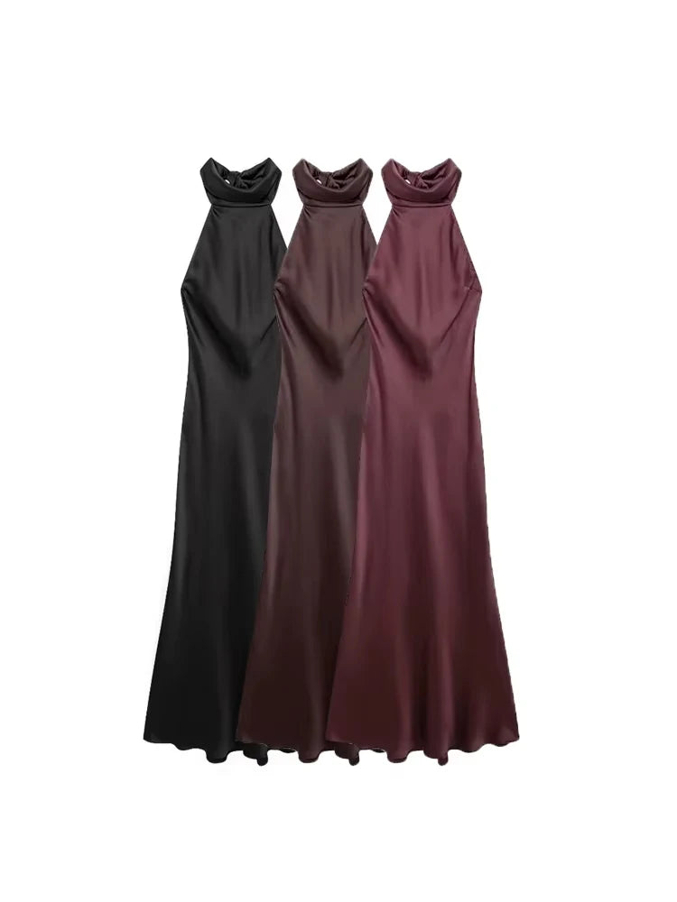 TRZA-Women's Long Satin Halter Dress, Backless, Bow Tied, Back Zipper, Female Dresses, Sexy Fashion - Smarsty