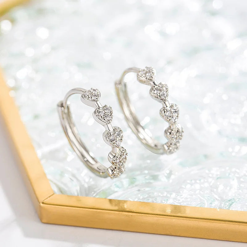 Tiny Heart Hoop Earrings Silver Zircon Shiny Wedding - Smarsty