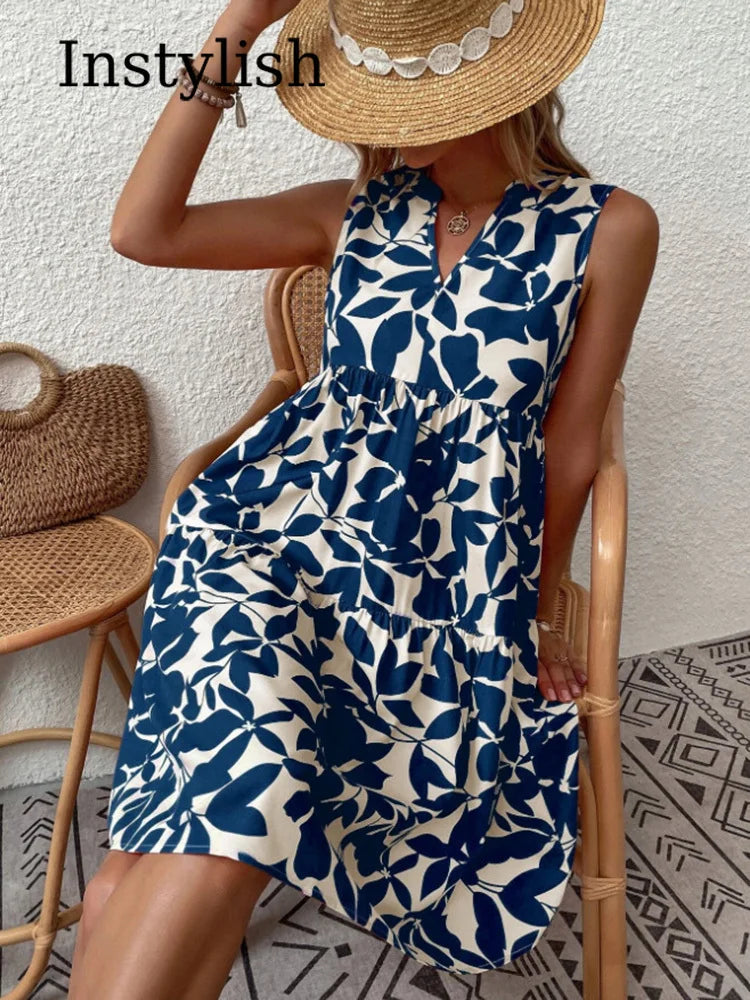 Women Boho Print Mini Dress Summer Elegant Sleeveless V Neck Ruffle A Line Tank Dress Casual Loose Oversize Beach Party Sundress - Smarsty