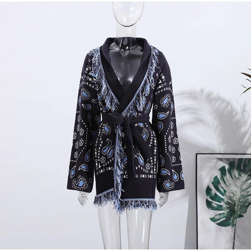 Tassel Patchwork Printed Cardigan Women Geometric Patterns Belts V-neck Long Sleeve Knitted Street Lady Sweater 2025 Autumn Coat - Smarsty