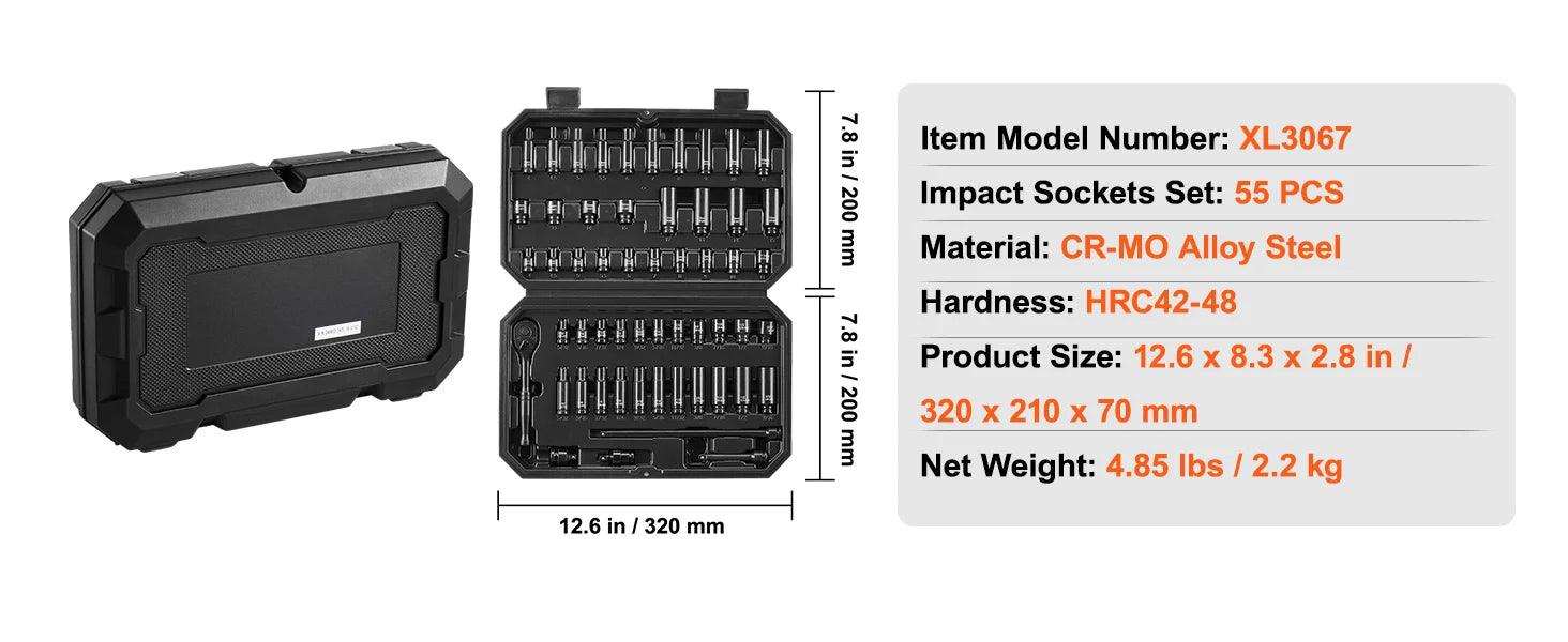 SucceBuy Drive Impact Socket Set Deep Shallow Socket Set CR-V Alloy Steel Auto Repair Easy-to-Read Size Markings Storage Case